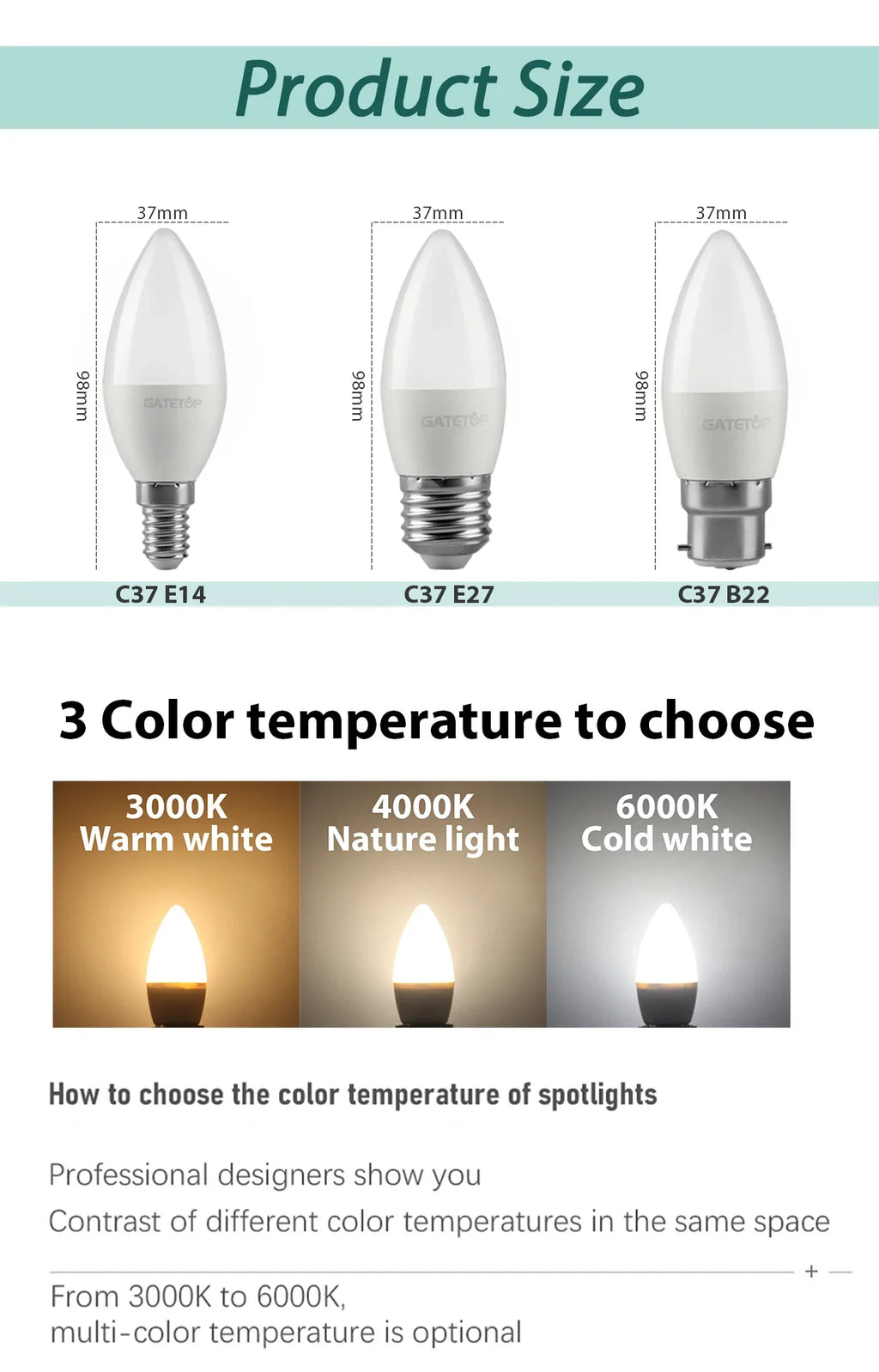 8pcs E27 E14 B22 Led Bulb AC 220V C37 Candle Lamp Energy Saving 3000K 6000K 3W 5W 6W 7W Chandelier Light for Home Decoration