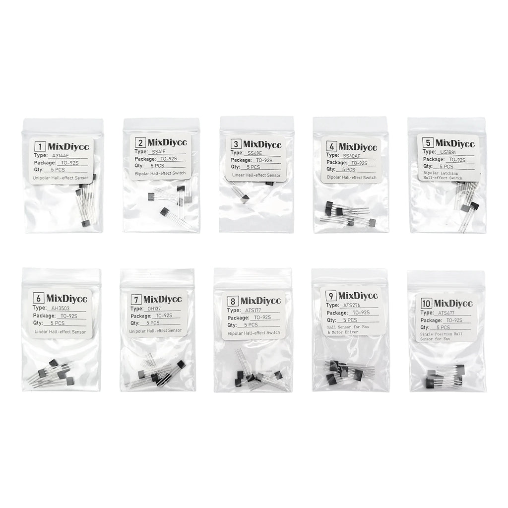 10 Values Hall Effect Sensor Kit A3144E SS41F SS49E SS40AF US1881 AH3503 OH137 ATS177 ATS276 ATS477 3144E/41F/49E Total 50 Pcs