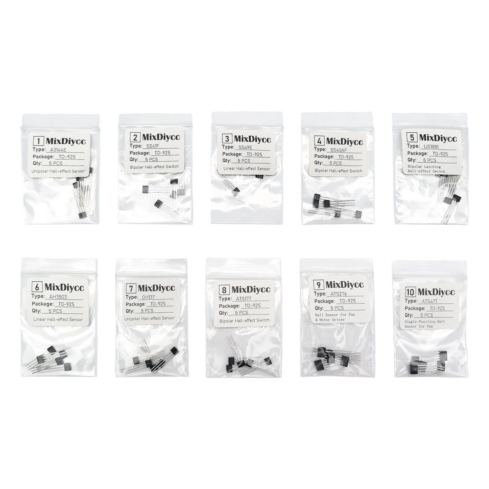 10 Values Hall Effect Sensor Kit A3144E SS41F SS49E SS40AF US1881 AH3503 OH137 ATS177 ATS276 ATS477 3144E/41F/49E Total 50 Pcs