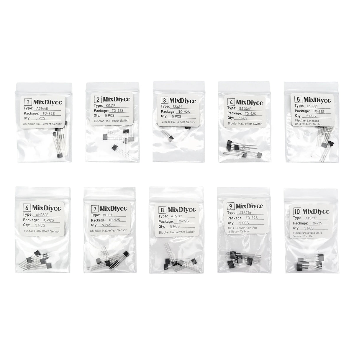 10 Values Hall Effect Sensor Kit A3144E SS41F SS49E SS40AF US1881 AH3503 OH137 ATS177 ATS276 ATS477 3144E/41F/49E Total 50 Pcs