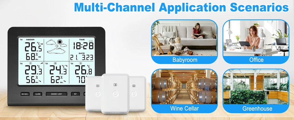 3 Sensors Weather Station with 100m Wireless Transmission Backlight LCD Alarm Clock  for Indoor/Outdoor Temp Humidity Monitor