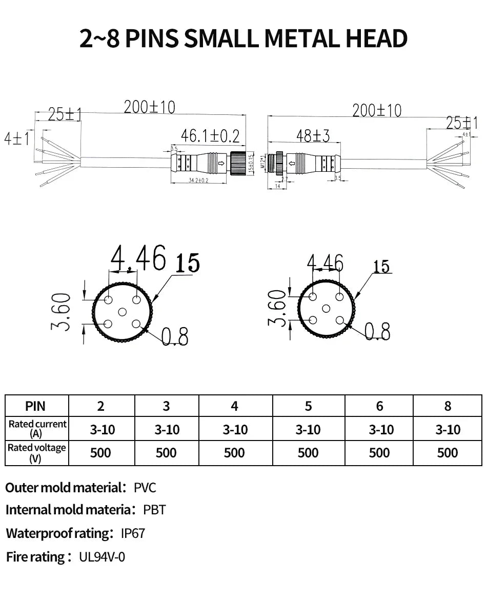 5/20Pcs M12 Metal Waterproof IP68 2/3/4/5/6/8 Pin Power Cable Wire Plug IP68 for LED Strips Male Female Connector 20CM