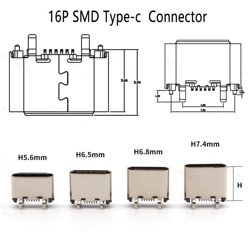 2pcs USB TYPE-C16P Female Socket 180 Degree Vertical USB C Type C 4 Legs SMD DIP Charging Port Connector 5.5mm 6.4mm 6.5mm 7.4mm
