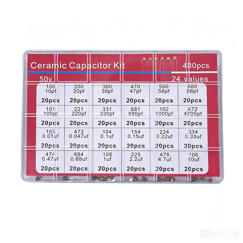 480pcs Ceramic Capacitor Assortment Kit for Guitar 0.1uf to 10uf Range 24 Values Durable Guitar Parts And Accessories