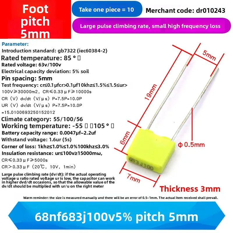 10PCS 100V Correction Capacitor Polypropylene Safety Plastic Film 100V 1nF ~ 470nF 100nf 220nf 10nf 47nf 22nf 1nf 0.47uf 0.1uf