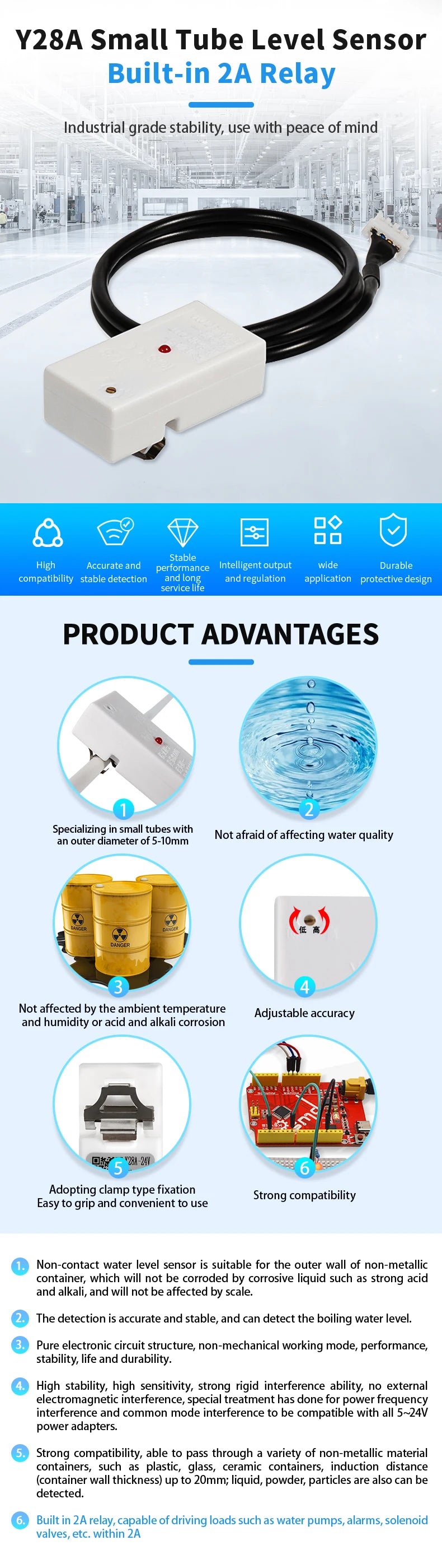 5V/12V/24V  XKC-Y28A-NC/NO/RS485 Capacitive Liquid&Water Level Sensor With XH2.54 Connector+50cm Lines for Arduino DIY Projects
