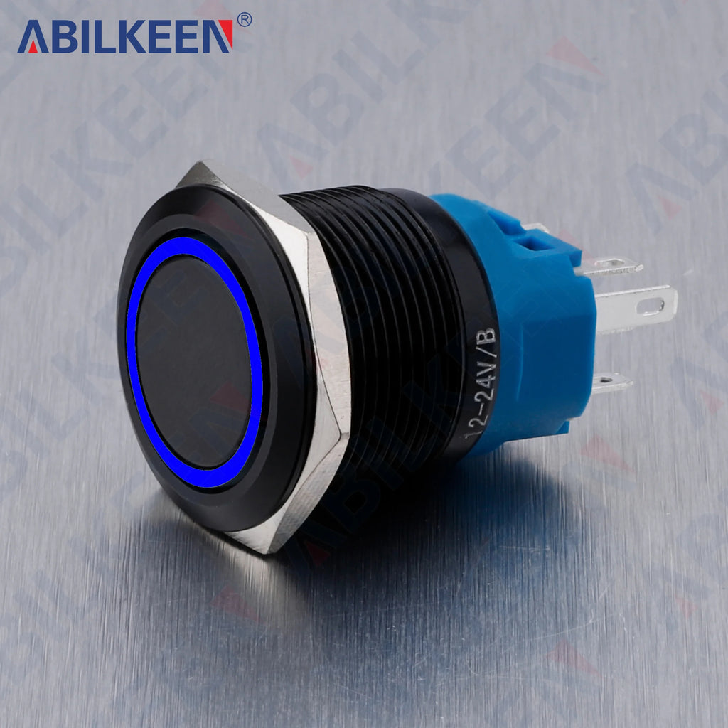 ABILKEEN 22MM Black Shell Push Button Switch LED Ring Illuminate Momentary/Latching Function 1NO1NC IP65 Waterproof Push Button