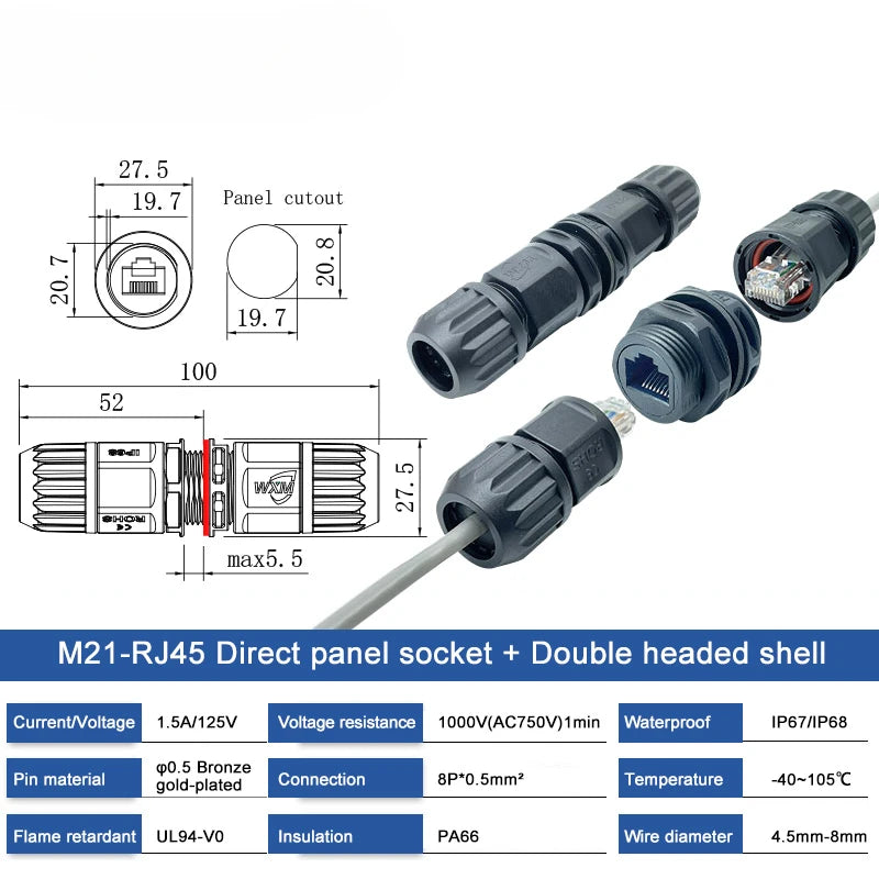 Waterproof M21 RJ45 Ethernet Connector 8P8C Network Socket Through Wall Panel Mount IP67 Straight Through Male Female Plug Cat5