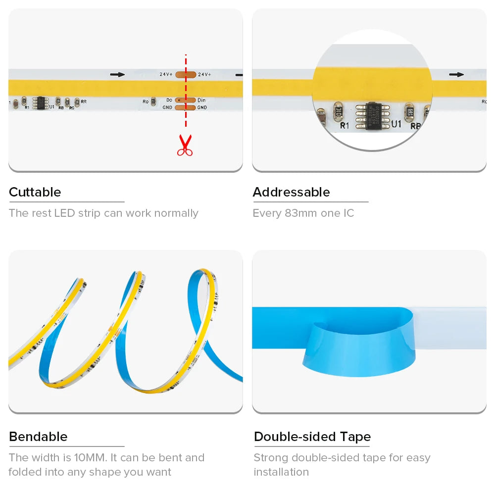 FCOB SPI DIM IC LED Light Strip Addressable 360LEDs 10mm 24V 60W High Density Flexible FOB COB Led Lights RA90 3000K 4000K 6000K