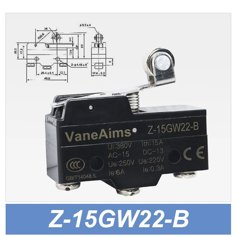 Z-15 Micro Limit switch Travel Switch Small Horizontal Roller Lever 15A 250V 1NO1NC Normally Open Normally Closed Travel Switch