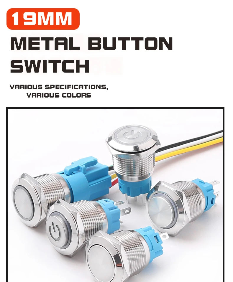 19MM LED Metal Button Switch Stainless Steel 1NO1NC Momentary Latching High Head Lamp Waterproof Button 12V 24V 220V