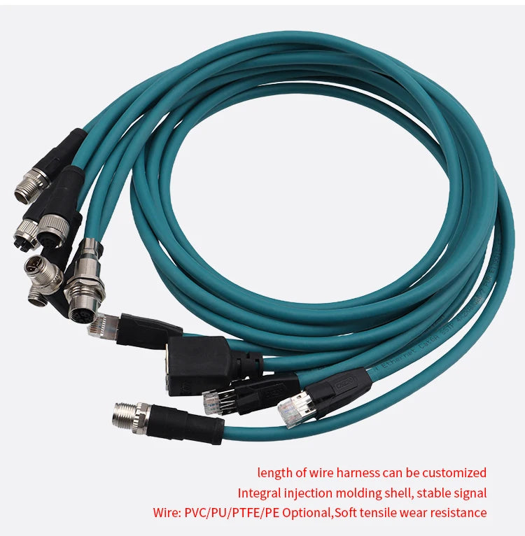 Factory M12 8 Pins X Code Molded Plug Male Female Straight  Angled to Open Ethernet Cable CAT5E 6A PVC PUR Data Type Connectors