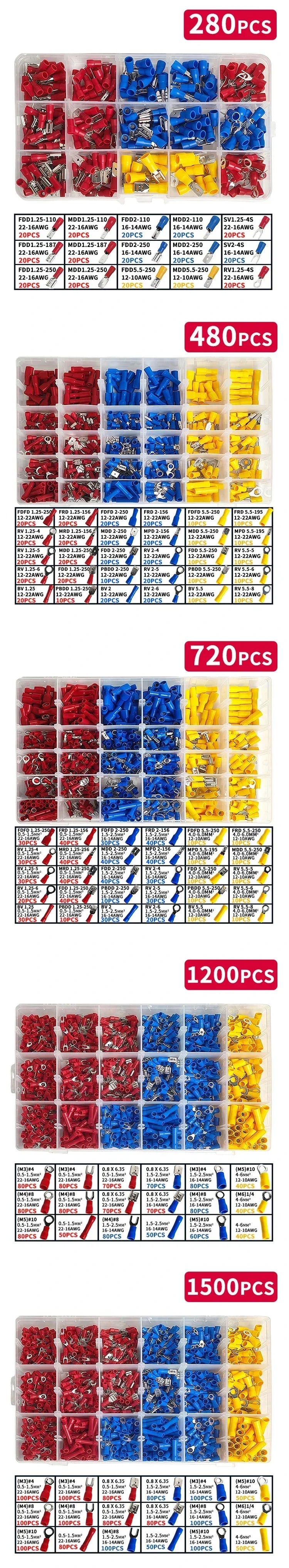 280/480/720/1200/1500pcs Quick Connect Terminal Kit - Cold Pressed Fork/Ring/Spade Lugs for Low Voltage DC Wiring Systems