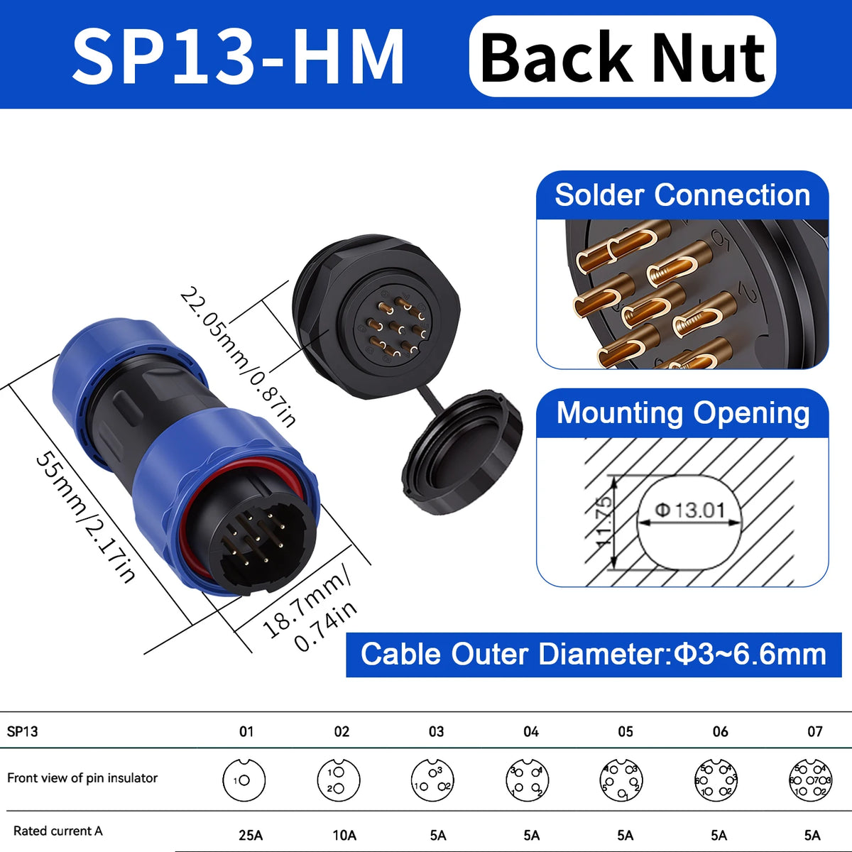 SP13 Connector Waterproof IP68 2pin 3pin 4pin 5pin 6pin 7pin Docking Male Plug Female Socket Cable Plug and Socket Connectors