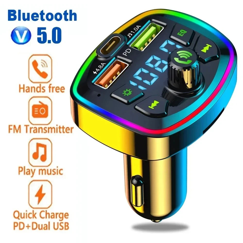Car Charger Bluetooth 5.0 FM Transmitter Receiver Dual USB Car MP3 Player Adapter Auto Stereo Radio Handsfree Wireless Car Kit