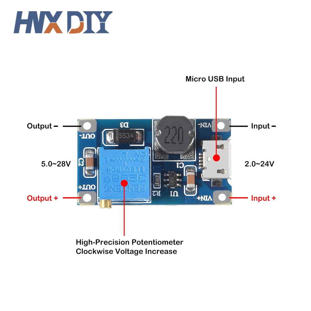 5/10pcs MT3608 DC-DC Step Up Converter Booster 3608 Type-C Power Supply Module Boost Step-up Board MAX output 28V 2A Micro USB