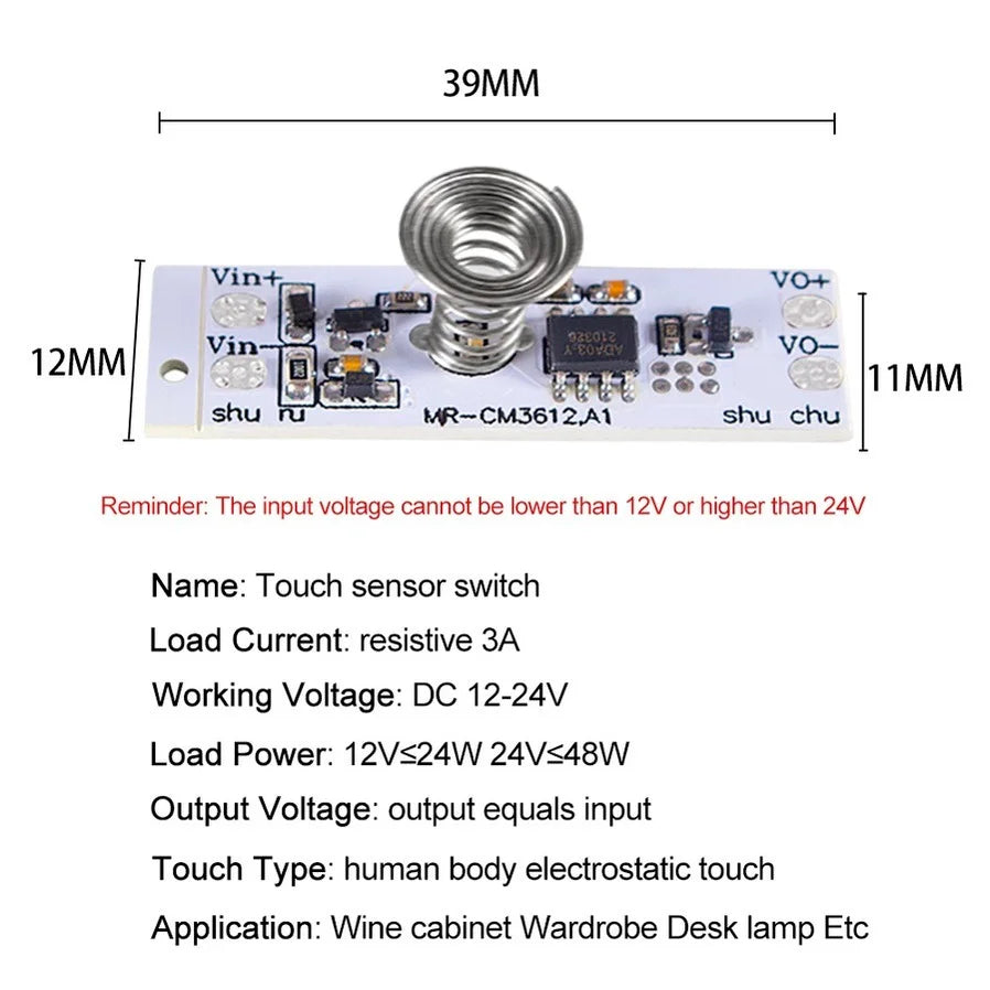 DC 12V Capacitive Touch Sensor Switch Coil Spring Switch LED Dimmer Control Switch 9-24V 30W 3A for Smart Home LED Light Strip