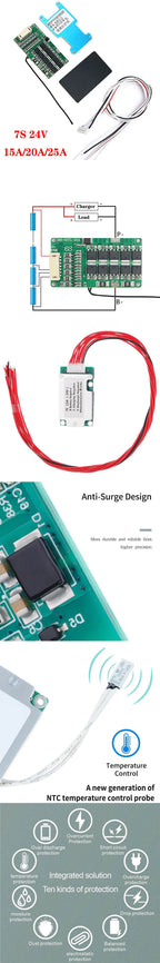 7S 24V 15A/20A/25A Lithium Battery PCB Protection Board With Balance And Temperature Protection BMS