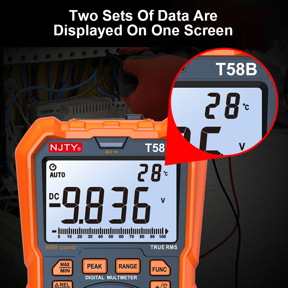 NJTY T58B T58C Inductance Digital Multimeter AUTO Range 9999 Counts  Voltage Current Capacitance LED Smart Backlit Large Screen