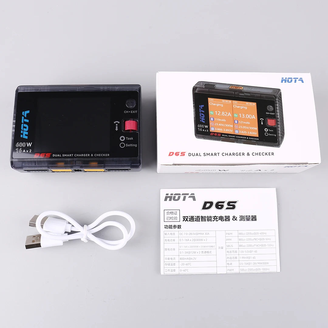 HOTA D6S RC Lipo Battery Charger Magnetic Suction Dual Channel Smart Balance 600W High Power 1-6S Smart Balance Charger