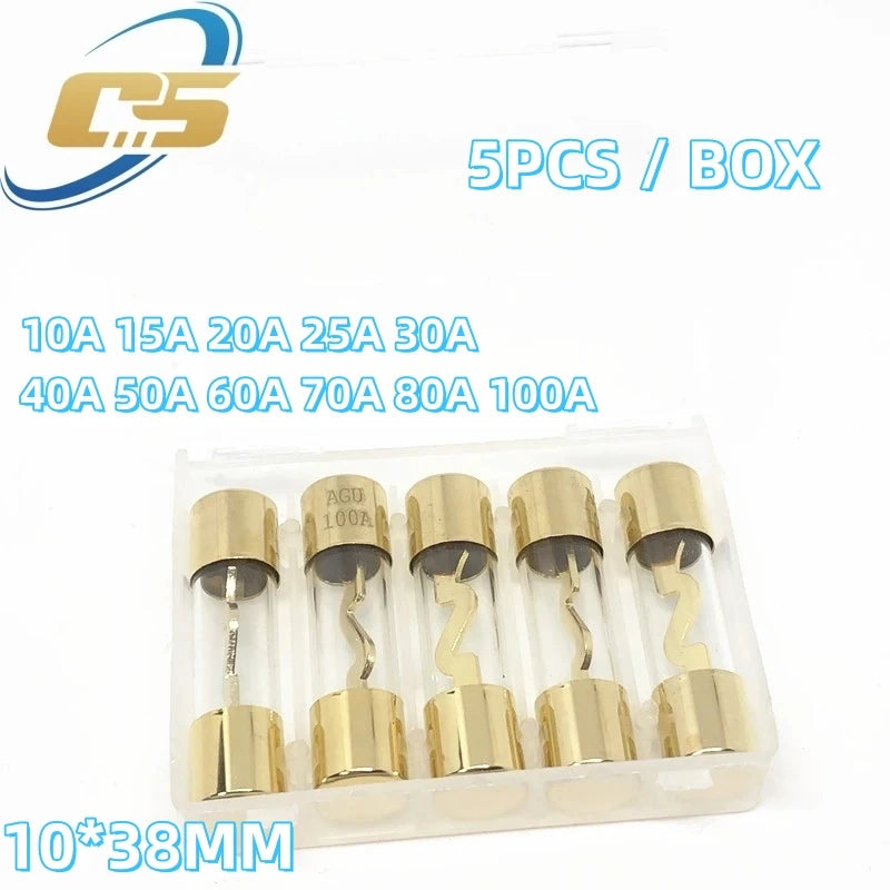 5PCS 10*38MM Gold Plated Glass AGU Fuse Fuses Pack Car Audio Amp Amplifier 10A 15A 20A 25A 30A 40A 50A 60A 70A 80A 100A Car Fuse