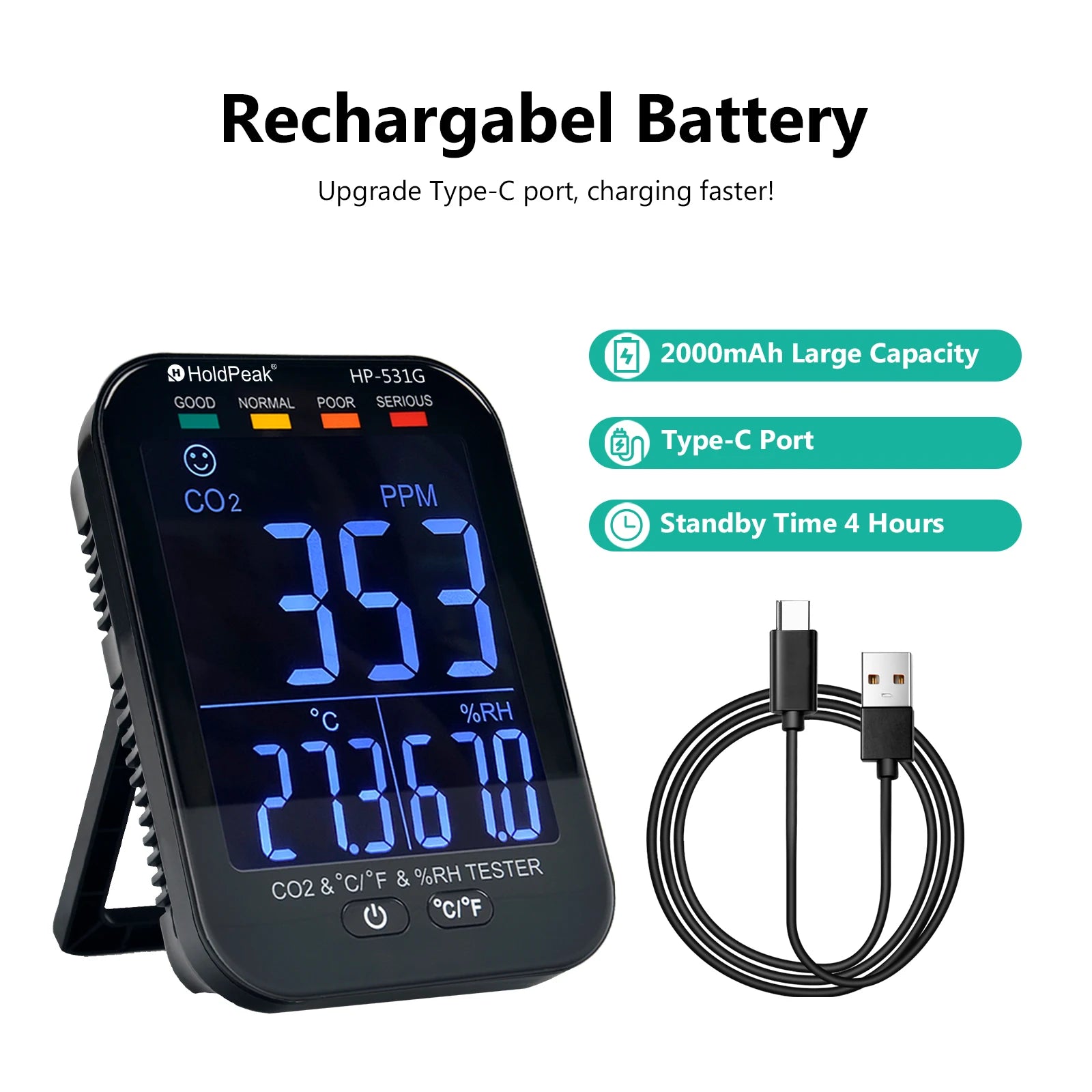 BT-531G CO2 Monitor Air Quality Meter NDIR Sensor 0-10000ppm Temperature Humidity Type-C 2000mAh