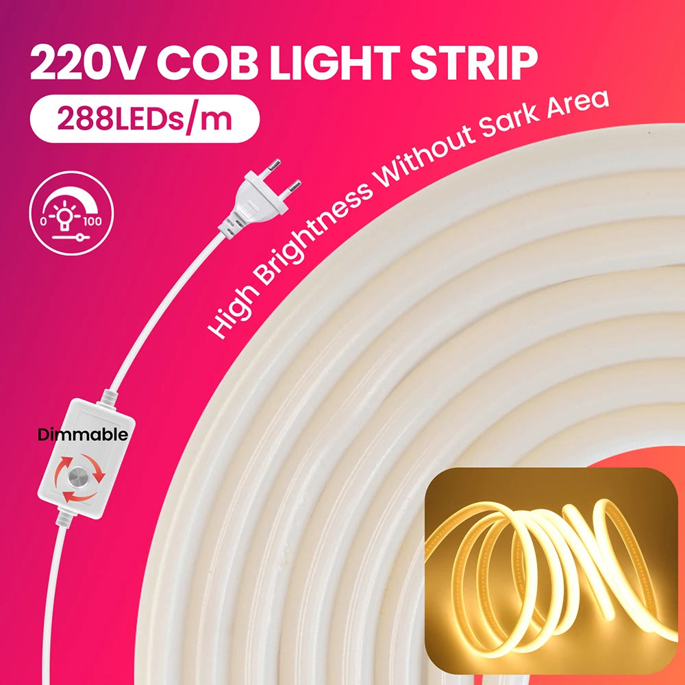 Dimmable 220V COB LED Neon Strip Light Switch Dimmer Power Kit 5m 10m 30m 3000K 4000K 6000K 288 LEDs Flex Tape 0.5m Waterproof