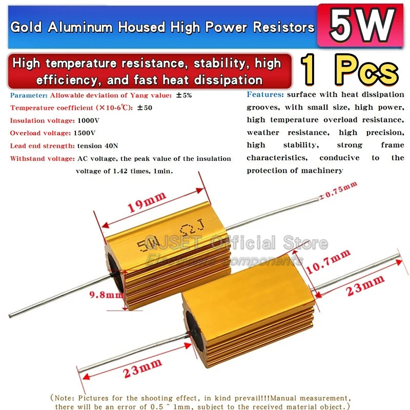1pcs Gold Aluminum Housed High Power Resistors RX24-5W 0.1R 1R 2 3 4 5 6 8 10 20 47 100 150 200 300 470 Ohm 1K Ohm 10K 100K Ohms