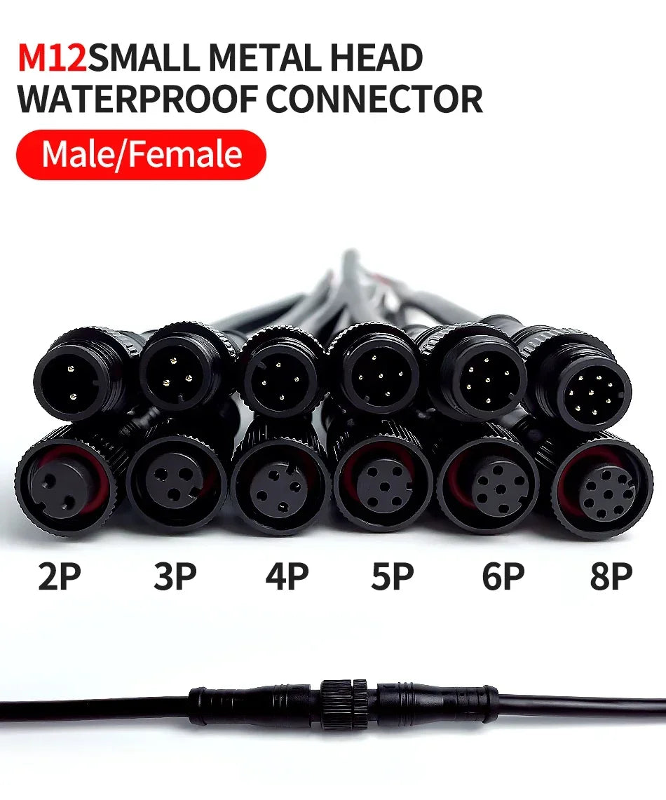 5/20Pcs M12 Small Size Head Waterproof IP68 2/3/4/5/6/8 Pin Power Cable Wire Plug for LED Strips Male Female Connector 20CM