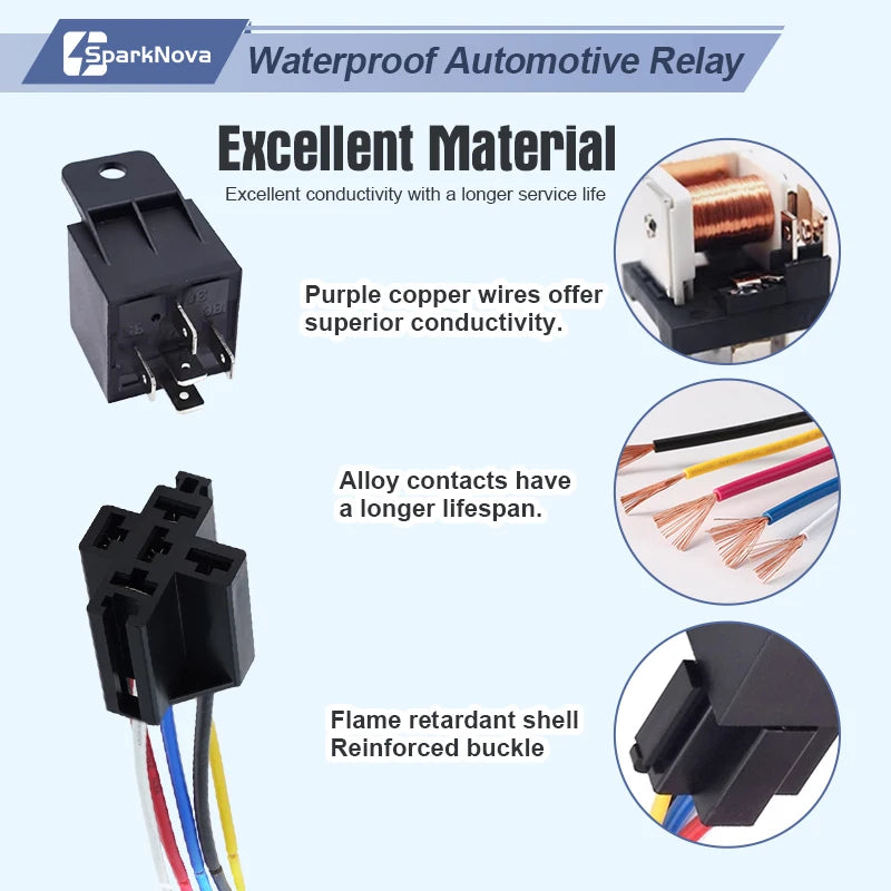 12V 40A 5 Pin Waterproof Automotive Relay with Socket Wire Harness for Car Truck Boat Marine ATV