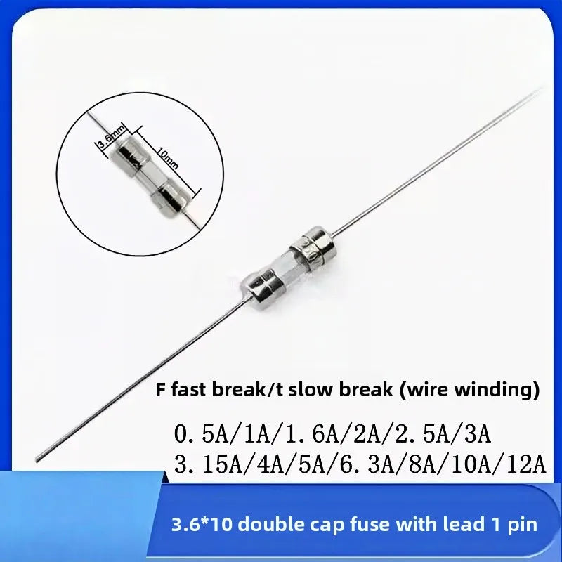 20Pcs 3.6*10 3*10 4*11 Glass Fuse Fast/Slow Blow 250V 0.5A 1A 2A 3A 3.15A 4A 5A 6.3A 10A 12A with Legs F/T Type 3.6x10 3x10 4x11