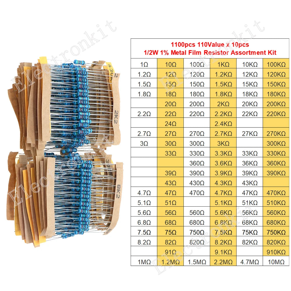 1/8W 1/4W 1/2W 1W 2W 3W 5W 1% Metal Film Resistors Assortment Kit Electronic Components 5 Color ring Resistor Package