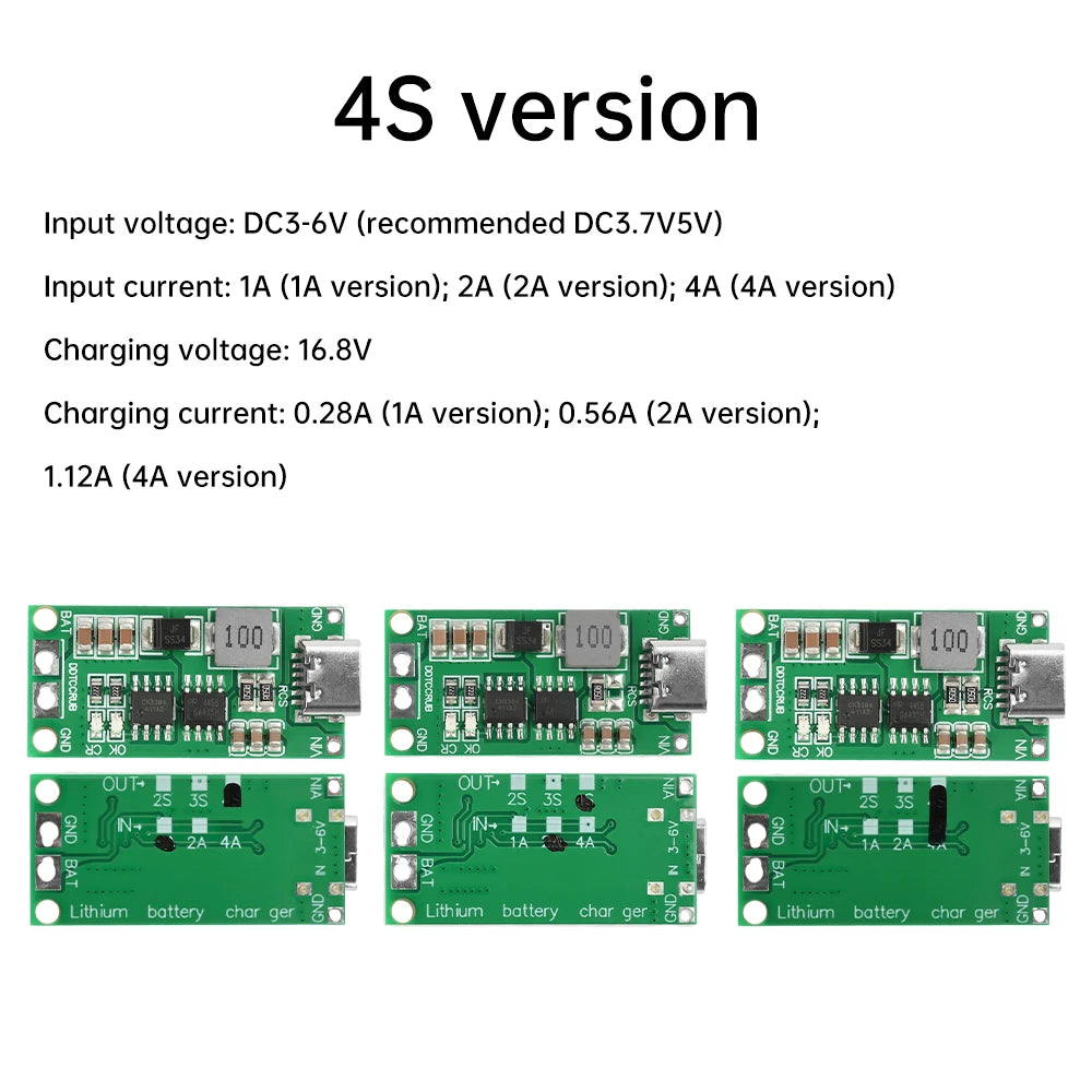 Type-C BMS 2S 3S 4S 1A 2A 4A 18650 Lithium Battery Charger Board Step-up Boost Module Li-Po Polymer Li-Ion Charger 8.4V 12.6V