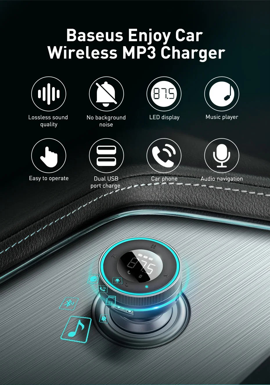 Bluetooth 5.3 FM Transmitter Car Cigarette Lighter Dual USB Fast Charging Handsfree Calling Vehicle Audio Receiver