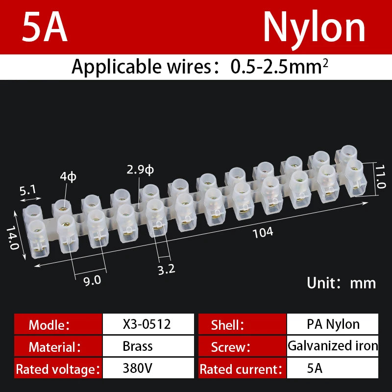 12 Position Barrier Screw X3-1012 Nylon Plastic Terminal Block 20A Transparent White Copper 380V Wire Connector Dual Row