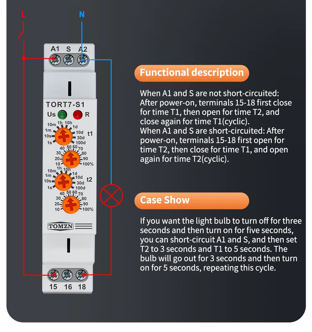 TORT7 Series Delay-ON Delay-OFF 10in1 Asymmetric Cycler Time Relay Multi-function Timer Switch 0.1S-10D Pulse Generator Interval