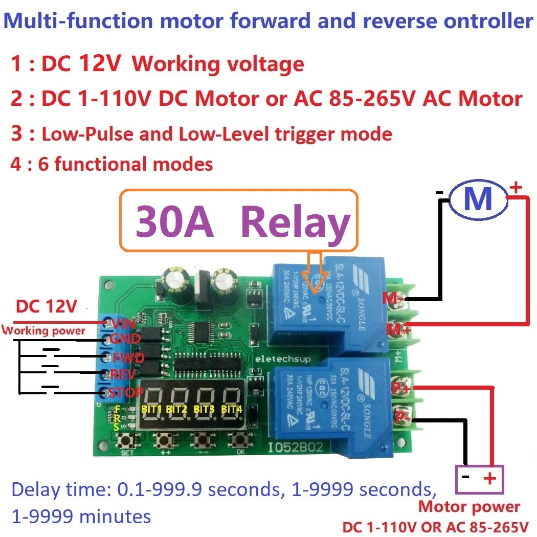 30A Motor Controller Relay Board 12V DC AC Forward Reverse Switch with Automatic Delay Timer