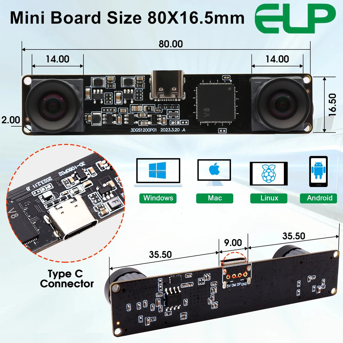 ELP 1200P Global Shutter USB Webcam Synchronization Dual Lens Camera Module High Speed 120fps 3D Stereo UVC Industrial Camera
