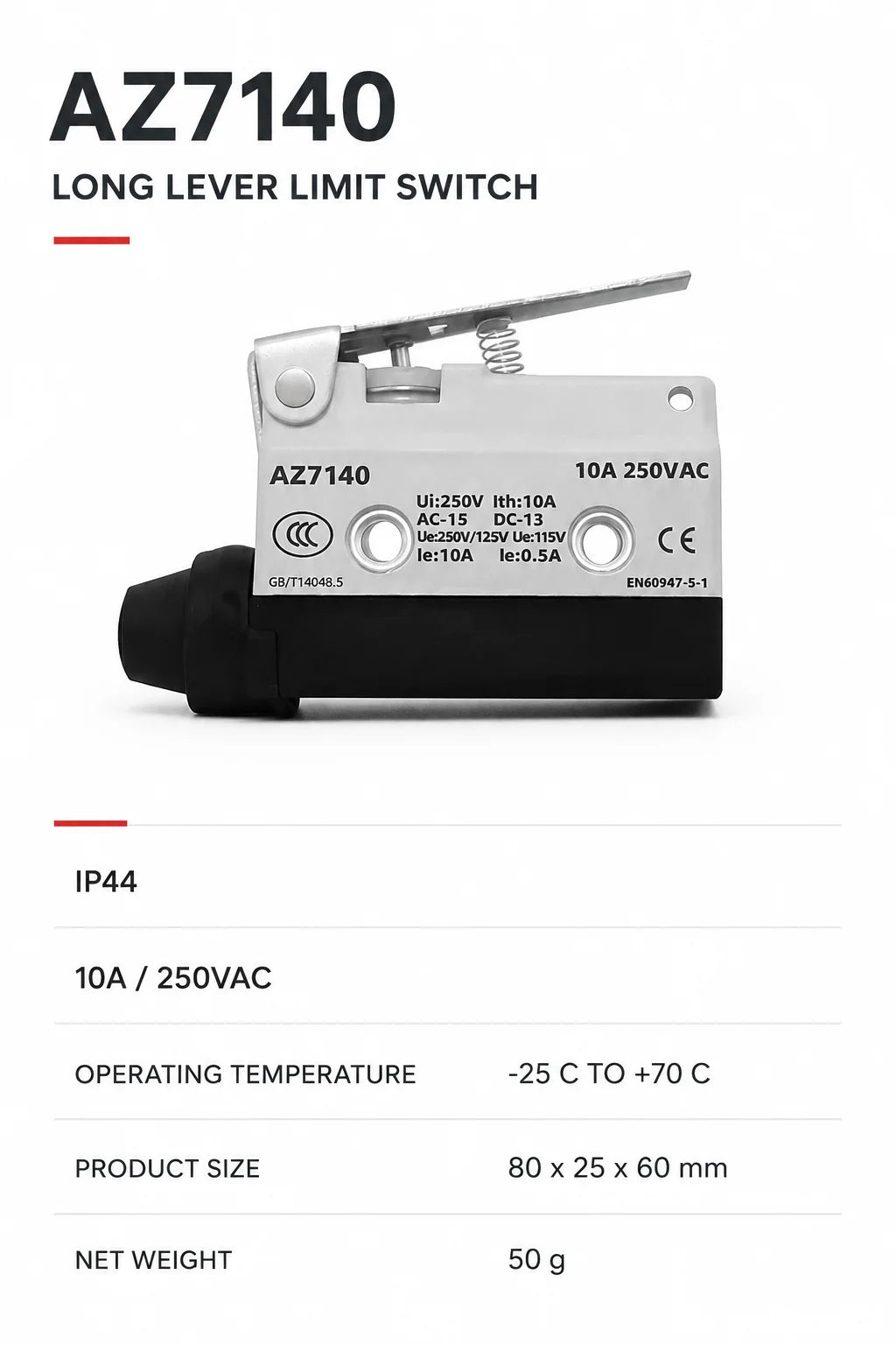 TEZUO AZ7140 IP44 Long Lever Limit Switch Micro Travel Switch for Industrial Automation