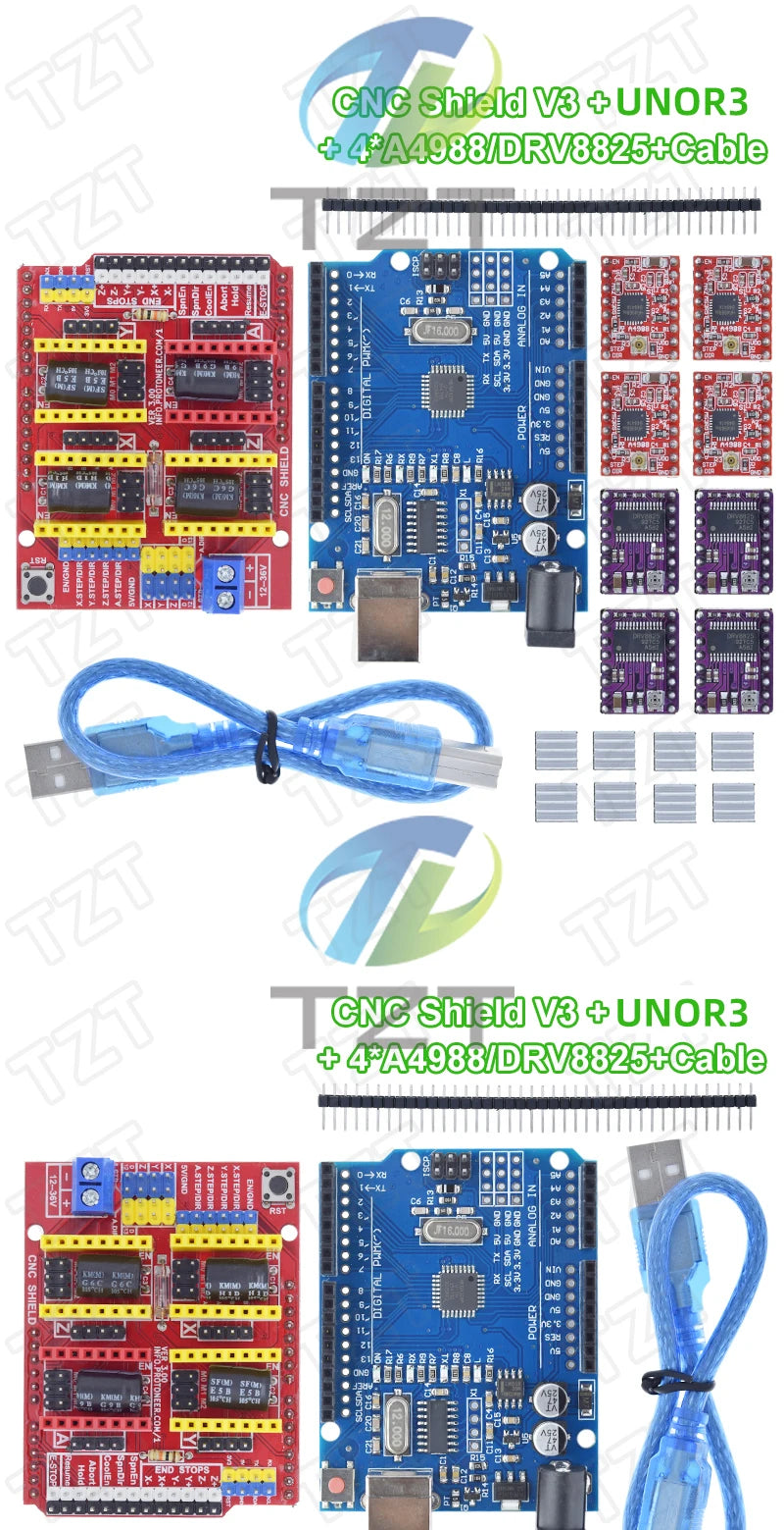 TZTUNO R3 Shield V3 Engraving Machine 3D Printe+ 4pcs DRV8825 Or A4988 Drive Expansion Board For Arduino With USB Cable