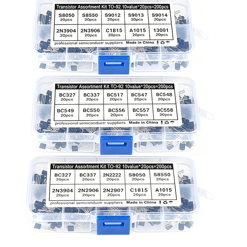 10Value 200PCS Transistor Assortment Kit S8050 S8550 2N2222 2N2907 BC337 BC327 BC517 BC556 2N3904 2N3906 A1015 C1815 Wit Box