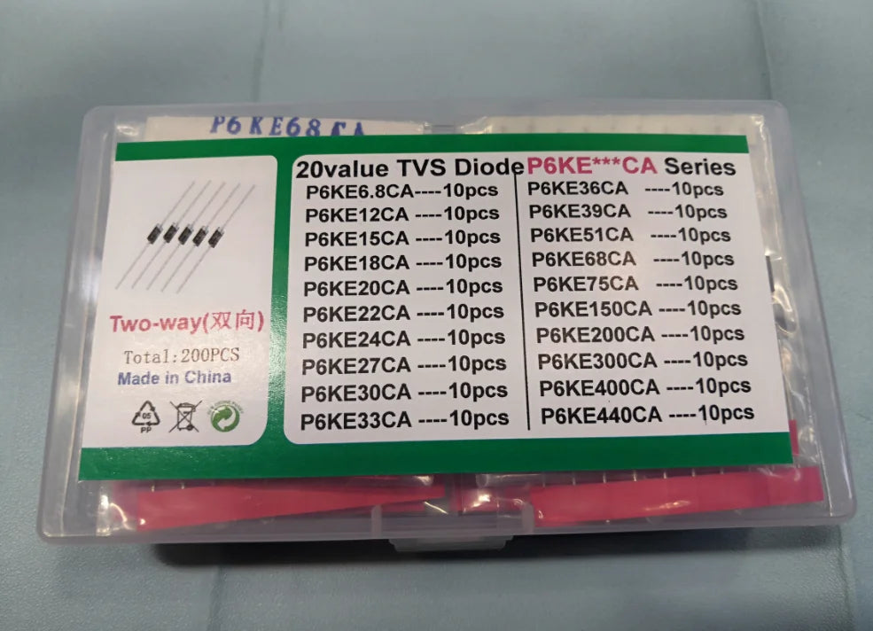 200PCS=20values*10pcs TVS Diode Kit P6KE6.8 To 440 A/CA  12/15/18/20/22/24/27/30/33/36/39/51/68/75/150/200/300/400 Transistor