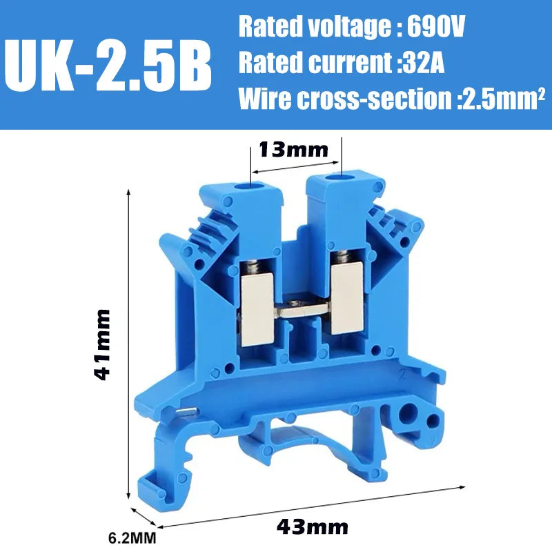 UK2.5B DIN Rail Terminal Block, 2.5mm² Screw Connection Wire Connector for Electrical Panel Wiring 20/50/100PCS