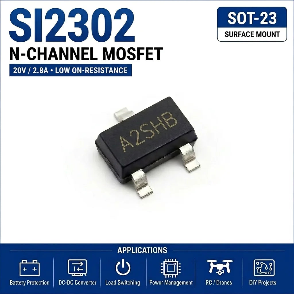 (100 pcs) SI2302 SOT-23/SOT-23-3 (Marking A2SHB) - N-Channel MOSFET 20V 2.2A-2.8A