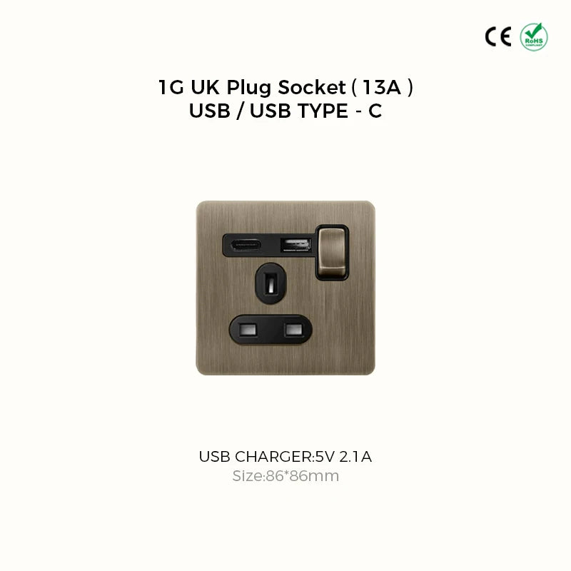 Avoir Bronze Brushed Toggle Switch 1-4 Gang 2 Way Metal Lever Wall Light Switches Standard Plug Adapter Electric Socket With Usb