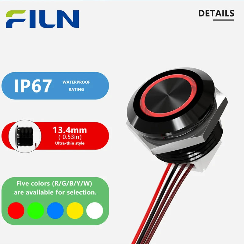 12mm Mini Metal LED Push Button Switch IP67 Waterproof Momentary 5-12-24V Short Stroke Push Button with Quick Connect Terminals