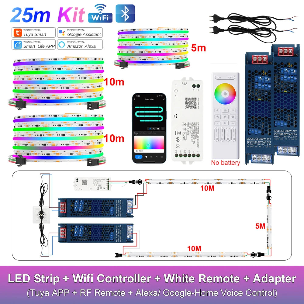 RGB-IC COB LED Strip with Tuya Wifi Controller 2.4G Remote Alexa Google Home Rainbow Color Addressable LED Tape 10m 20m 25m Kit
