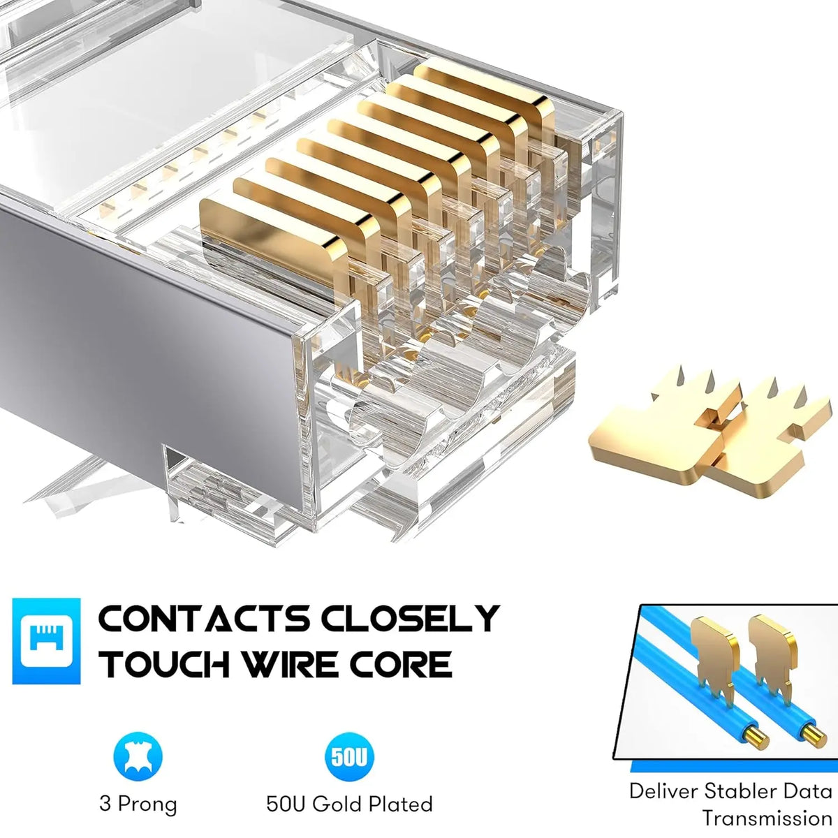 ZOERAX Shielded 50 Pcs RJ45 Cat6A Cat7 Pass Through connectors 3 Prong 8P8C 50U Gold Plated 2-Piece Pass-Thru Modular Data Plug