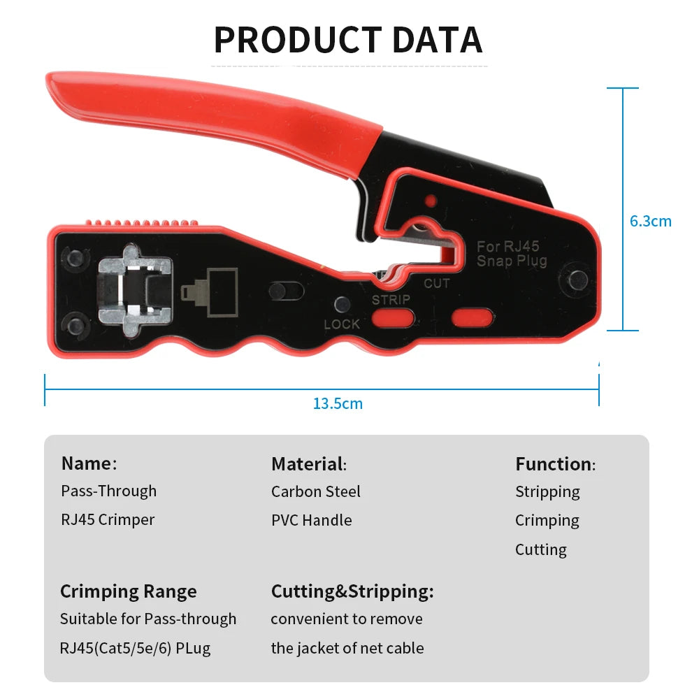 RJ45 Crimp Tool Pass Through Crimper Cutter for Cat6a Cat6 Cat5 8P8C Modular Connector Ethernet All-in-one Wire Tool