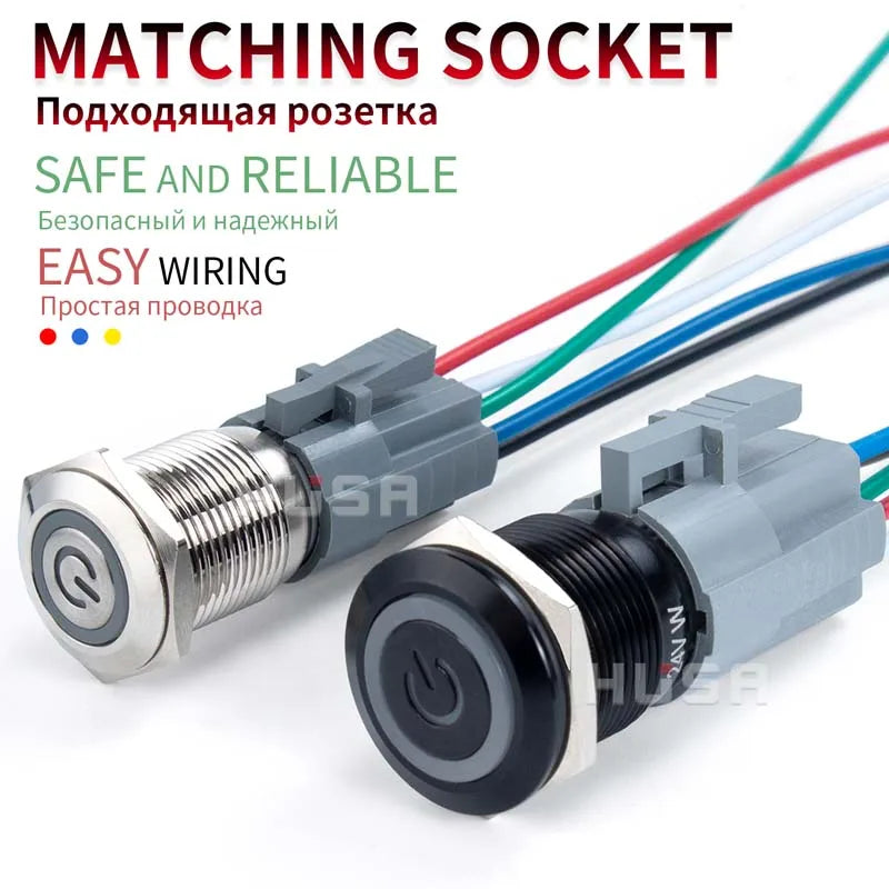 12 16 19 22 mm Metal Push Button Switch with Wire On Off PC Power Flat head 12v for Car Momentary Latching Fixed Blue 5V 220V